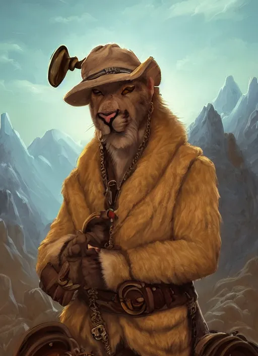 Image similar to fursona commission of a anthro albino mountain lion wearing old-timey miner's clothes. pretty, beautiful, DnD character art portrait, matte fantasy painting. Desert mining town. DeviantArt Artstation, by Jason Felix by Steve Argyle by Tyler Jacobson by Peter Mohrbacher, cinematic lighting