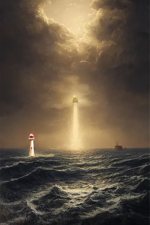 Image similar to imagine a ship in a bottle but instead of a ship a lighthouse is in the bottle, red and white lighthouse, dramatic lighting, masterpiece painting by greg rutkowski