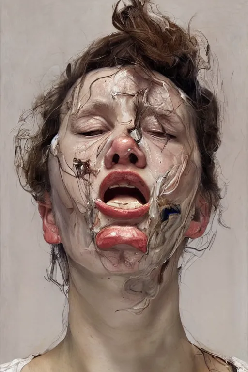 Image similar to portrait of a woman enraged, part by Jenny Saville, part by Lucian Freud