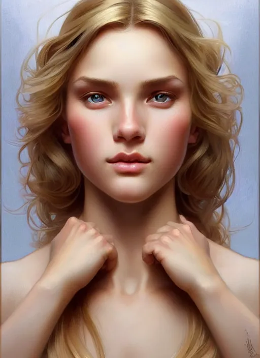 Image similar to perfectly feminine face!! full body portrait of young wife blessed by god with ever - increasing physical mental perfection, blonde, symmetrical! intricate, sensual features, highly detailed, biblical divine holy perfection!! digital painting, artstation, concept art, smooth, sharp focus, illustration, art by artgerm and greg rutkowski and alphonse mucha