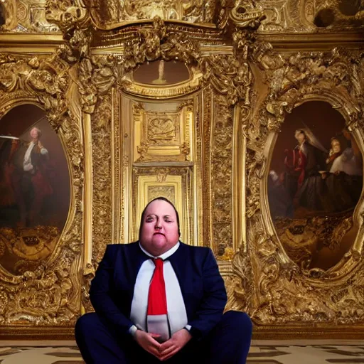 Image similar to childish fat politician with big stomch is sitting corner alone in giant luxury castle in baroque style