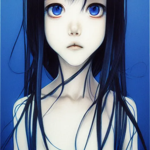 Prompt: a portrait of a character, black hair, blue eyes, by Miho Hirano