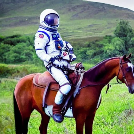 Image similar to a horse sat, saddled, on horseback, an astronaut and rides him into space