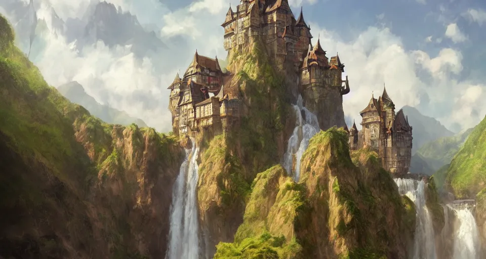 Image similar to A beautiful digital painting of a castle, waterfall, lovely valley by Stanley Artgerm Lau, frank frazetta, Rossdraws, James Jean, gerald brom, Andrei Riabovitchev, Marc Simonetti, and Sakimichan, trending on artstation