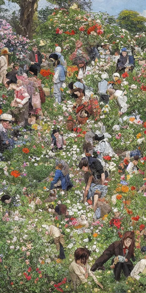 Image similar to oil painting scene from gardeners crowd in the flower garden by kim jung gi