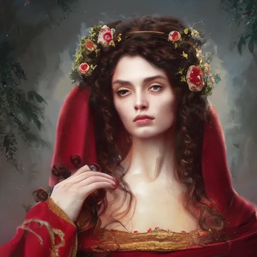 Prompt: portrait of a gorgeous italian aristocrat girl with ringlets wearing crimson robes, HD, D&D 4k, 8k, incredibly detailed, intricate, masterpiece, digital illustration by greg rutkowski and tom bagshaw, trending on artstation, character design, concept art