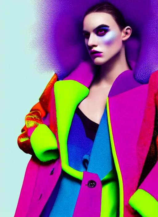 Image similar to coat for a rave, bright colors, many details, prints, photo for a magazine, photo for a store, fashion photography, Vogue, 135 mm, cinematic, hyper realism, high detail, octane render, 8k, chrome accents