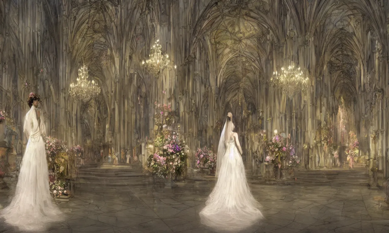 Prompt: a full body shot of a bride viewed from behind in a long dress of pure light, in front of a pristine art nouveau cathedral on a wedding day, a sunlit plaza covered in pastel flowers with flying petals and fireflies, rule of thirds, german romanticism, rembrandt style, elegant, volumetric lighting, highly detailed, artstation, concept art, matte, sharp focus, art by Tom Bagshaw, Alfons Mucha and Greg Rutkowski