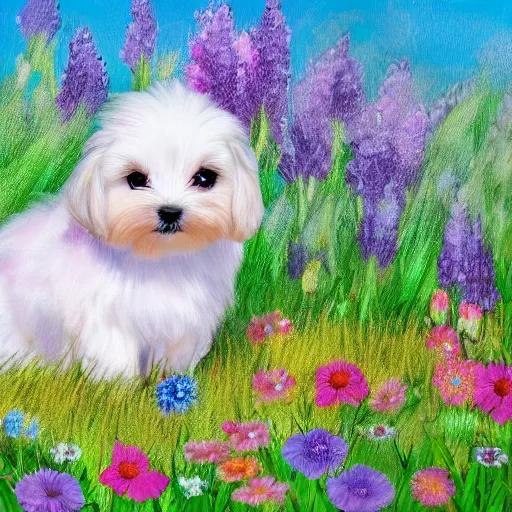 Prompt: cute fluffy maltese puppy sitting in a field of spring flowers detailed painting 4 k