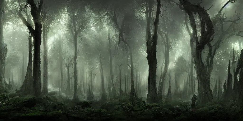 Image similar to beautiful matte painting of a fantasy dark forest