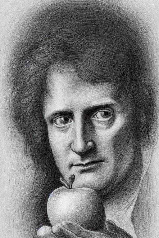 Image similar to isaac newton holding an apple, hand drawing, graphite