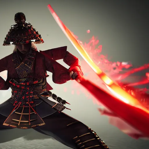 Image similar to japanese samurai disintegrating into crystals wielding a flaming katana, volumetric lighting, dynamic composition, hyper detailed, ultra realistic, sharp focus, octane render, concept art