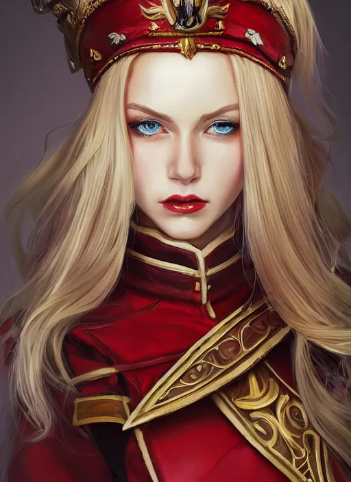 Image similar to a highly detailed illustration of beautiful long dirty blonde haired pale girl wearing red epaulette uniform, wearing crown, red eyes, dramatic seductive pose, intricate, elegant, highly detailed, centered, digital painting, artstation, concept art, smooth, sharp focus, league of legends concept art, WLOP