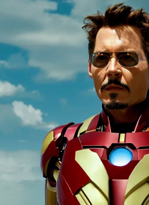 Image similar to film still of Johnny Depp as Tony Stark in Iron Man, 4k