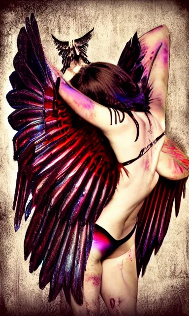 Prompt: crystal wings, waporwave polaroid, a greg rutkowsi photograph, devianart photoshoot, metal acid deep colors, fallen angel of death, love broken