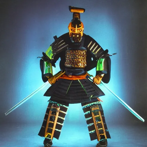 Image similar to a samurai with a black armour with glowing blue edges and a fire sword.