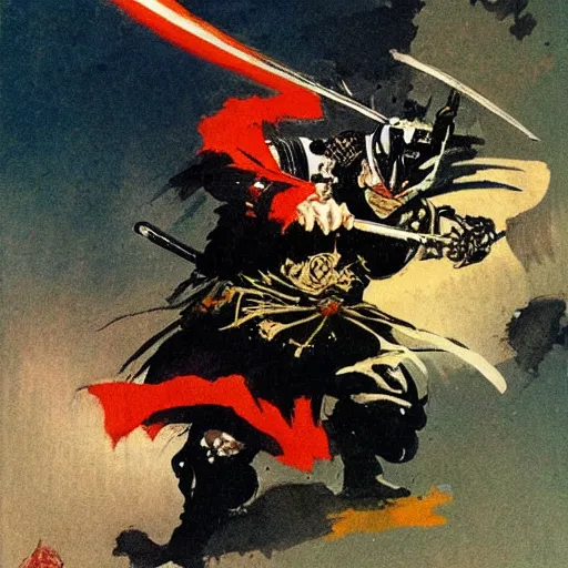 Prompt: a dark samurai painted by Frank Frazetta