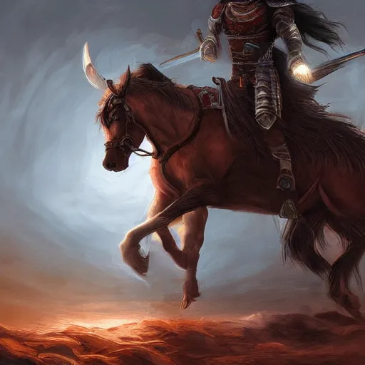 Image similar to epic digital painting of a warrior on a battle horse, eyes glowing, fantasy, sharp focus, highly detailed, cinematic