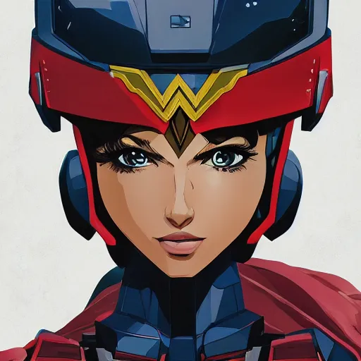 Image similar to portrait of wonder woman as a gundam pilot, with an intricate, detailed, urban inspired hiphop afro futuristic helmet, vector behance hd jesper ejsing, rhads, makoto shinkai, lois van baarle, ilya kuvshinov, rossdraws, hd, 3 2 k, ilya kuvshinov, gustav klimt