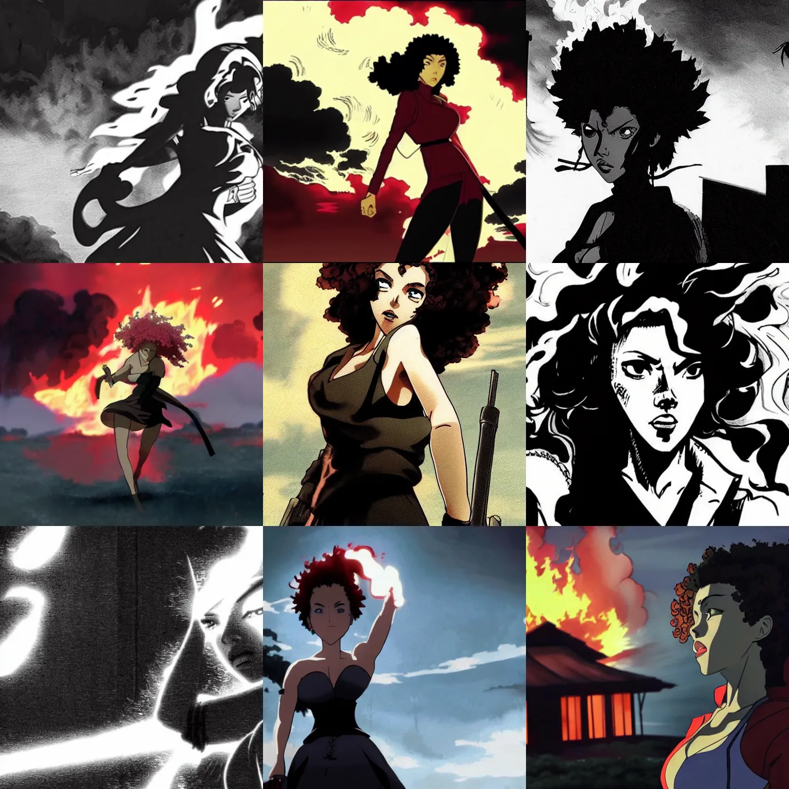 Prompt: scarlett johansson watches helplessly as her house burns down, afro samurai anime style, dramatic lighting,