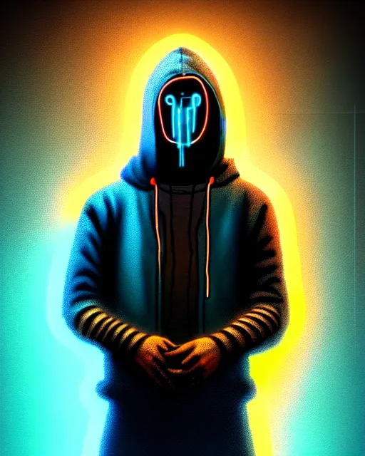 Prompt: cyberpunk synth, hyper - realistic portrait of a man in a hoodie with detailed neon mask, cyberpunk, intricate, lifelike, by atey ghailan, by greg rutkowski, by greg tocchini, by james gilleard, by joe fenton, by kaethe butcher, dynamic lighting, gradient light blue, brown, cinematic lighting color scheme, sharp focus, grunge aesthetic