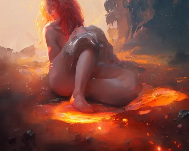 Prompt: a beautiful mage woman sitting on a rock watching explosions, expressive oil painting, fiery explosions, by greg rutkowski, by wlop, trending on artstation, beautiful body and face, vivid composition