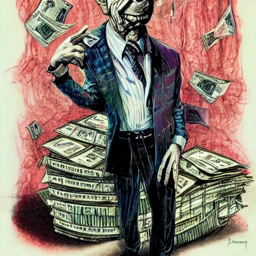 Image similar to George Soros full body shot, dollar bills Body horror, biopunk, by Ralph Steadman, Francis Bacon, Hunter S Thompson