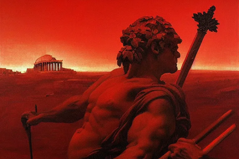 Image similar to only with red, a red melted apollo with a laurel wreath and a flaming sword announce the win, athens in the background, in the style of beksinski, part by hopper, part by rodcenko, part by hofbauer, intricate composition, red by caravaggio, insanely quality, highly detailed, masterpiece, red light, artstation