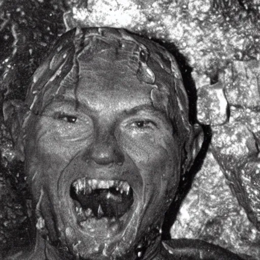 Image similar to photo inside a cavern of a wet reptilian humanoid robert wyatt partially hidden behind a rock, with black eyes, open mouth and big teeth