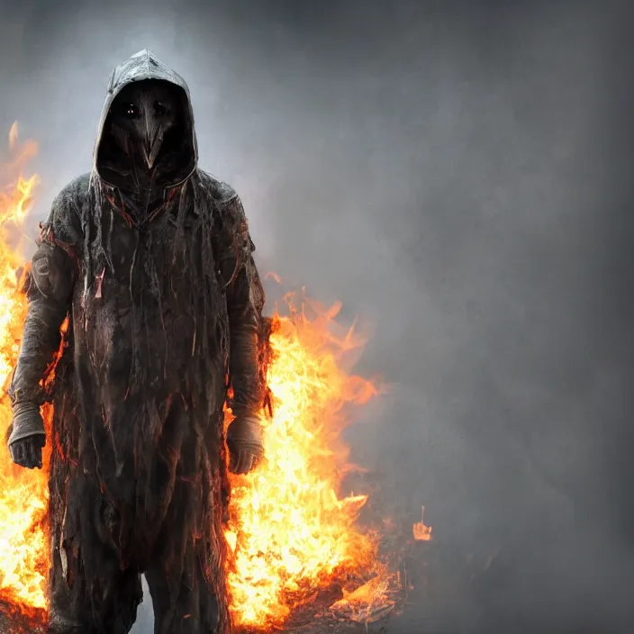 Image similar to gritty apocalyptic hooded man smiling with burning heart in chest, octane render, 4 k ultra hd, hyper - detailed, seedy lighting, sharp focus, fantasy dark art