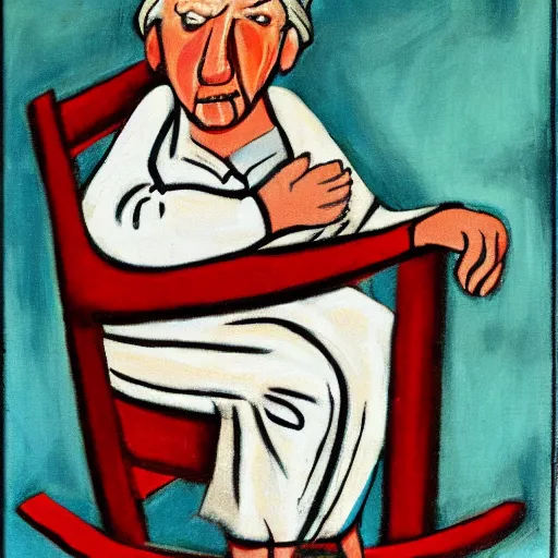 Image similar to old woman crying sitting in a rocking chair, expressionism