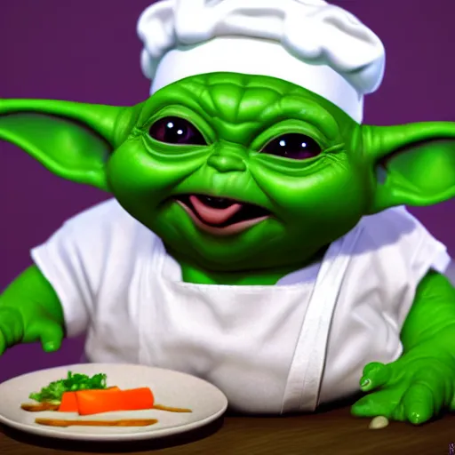 Image similar to hungry chubby babyfat baby yoda as chef wearing white chefs hat and white apron, giving thumbs up next to a plate of food, vegetables, photography, hyperrealism, unreal engine, octane 3 d render, houdini, unity 3 d, highres, adobe premier pro, trending on artstation, trending on deviantart, thisistheway