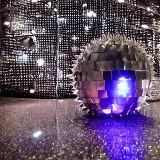 Image similar to a disco ball shaped like a spiky skull, photograph