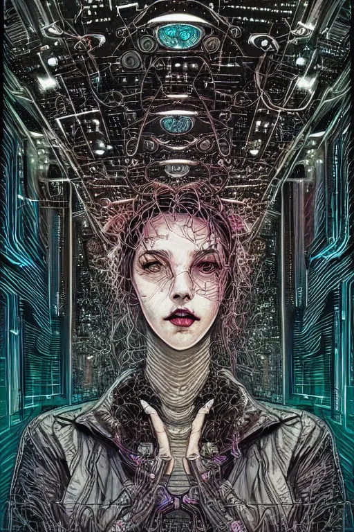 Image similar to dreamy cyberpunk girl, quantum computers, beautiful woman, detailed acrylic, grunge, intricate complexity, by dan mumford and by alberto giacometti, arthur rackham