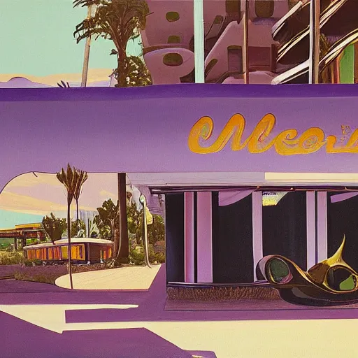 Prompt: painting of syd mead artlilery scifi organic shaped motel with ornate metal work lands on a sidewalk, fossil ornaments, volumetric lights, purple sun