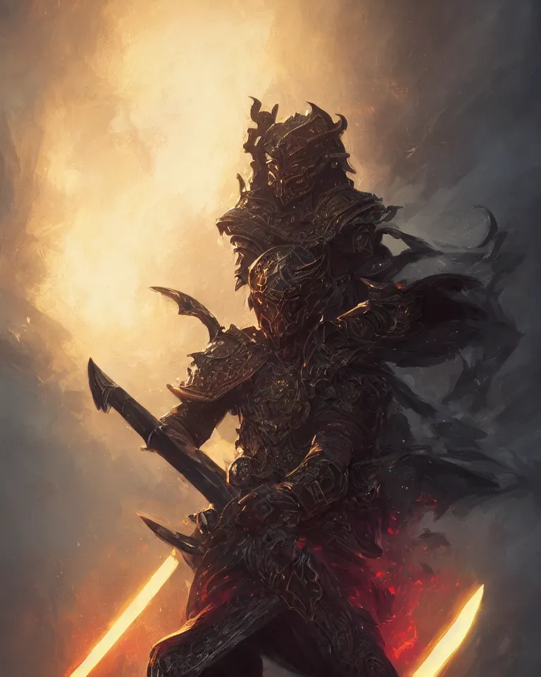 Image similar to portrait of a fantasy paladin wielding a sword with black flames, intricate baroque armour, glowing aura, trending on artstation, 4 k, greg rutkowski, concept art, matte painting