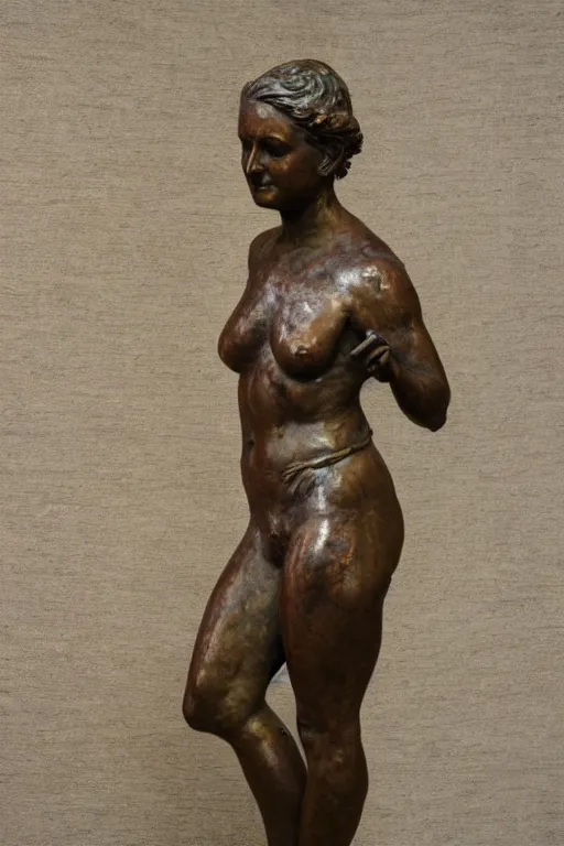 Image similar to detailed photo of famous old bronze patina statue of woman, various poses, photorealism, intricate detail, a few light reflexions, museum diffuse lighting