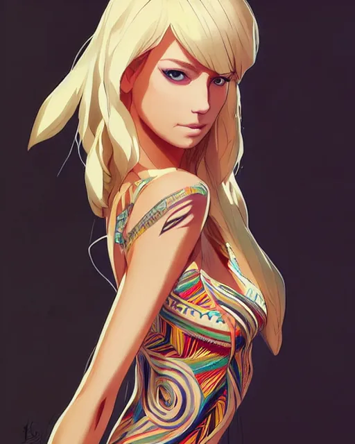 Image similar to blond woman in a tribal ripped dress, by artgerm, by studio muti, greg rutkowski makoto shinkai takashi takeuchi studio ghibli