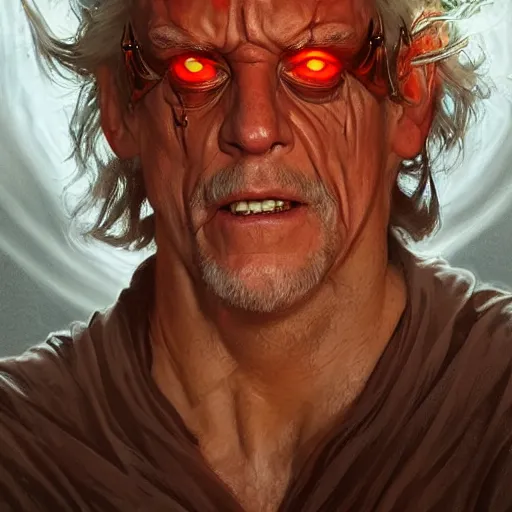 Image similar to Christopher Lloyd as Satan, burning and falling from the sky, full_body!!, dungeons and dragons portrait, highly_detailed!!, digital painting, artstation, concept art, sharp focus, illustration, art by artgerm and greg rutkowski and alphonse mucha