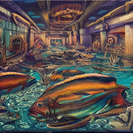 Prompt: fish swimming through the center of a destroyed flooded city, surrealism, deep aesthetic, abstract realism, highly ornate intricate details, 1 9 2 0's colored pencil, 4 k, cinematic lighting,