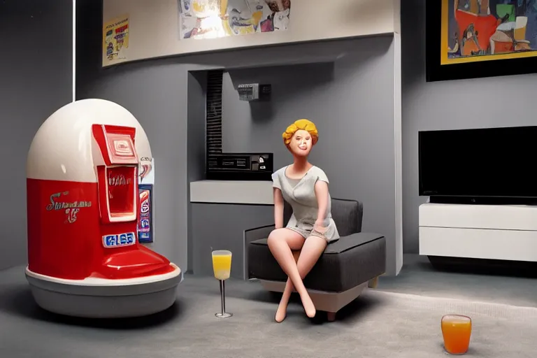 Image similar to an extremely realistic life-sized slushie machine porcelain model sitting on a gray couch from 1985, bathed in the glow of a television, low-light photograph