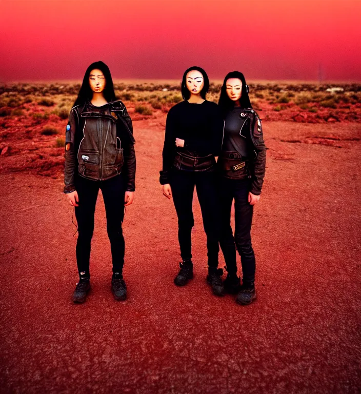 Image similar to cinestill 5 0 d 3 5 mm photographic portrait of two loving female androids wearing rugged black techwear on a desolate plain with a red sky, lizard on ground, cyberpunk style, a brutalist dark metal facility close in background, dust storm, 8 k, high resolution, f / 3. 2, ultra realistic faces