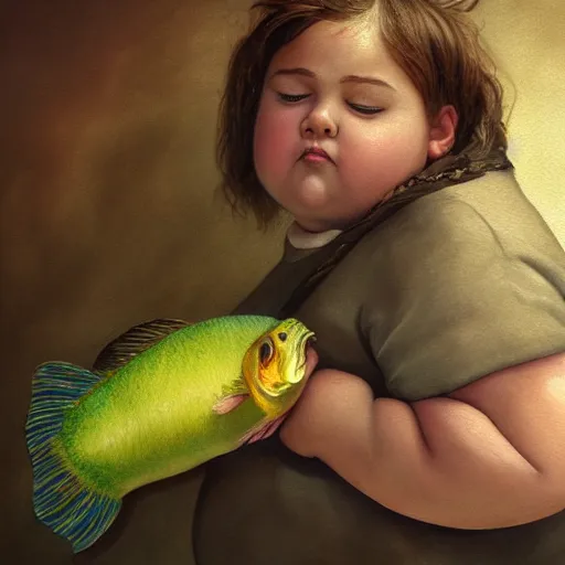 Image similar to a hype realistic oil painting of the most cute little fat girl kissing a huge colorful cute fish. hype realistic scene. studio lighting. window. 3 d, octane render, deep focus, fashion style, white scene. very funny and sweet art. unreal engine. watercolor. fellini style. poster quality. da vinci painting style. highly detailed.