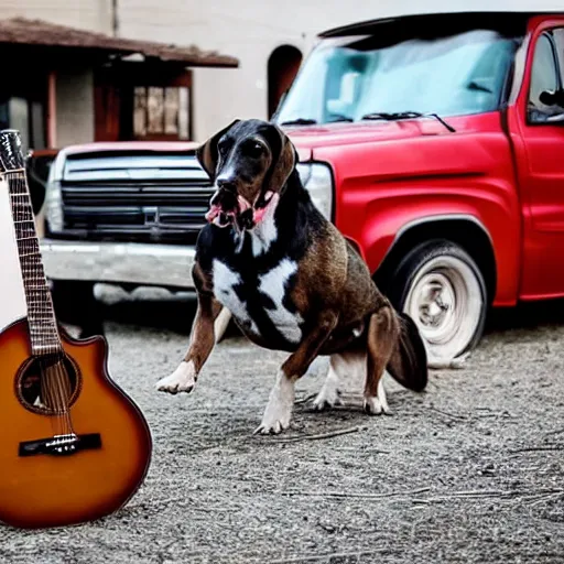 Prompt: A folkpunk brown floppy-eared hound dog playing the guitar in front of a pickup truck