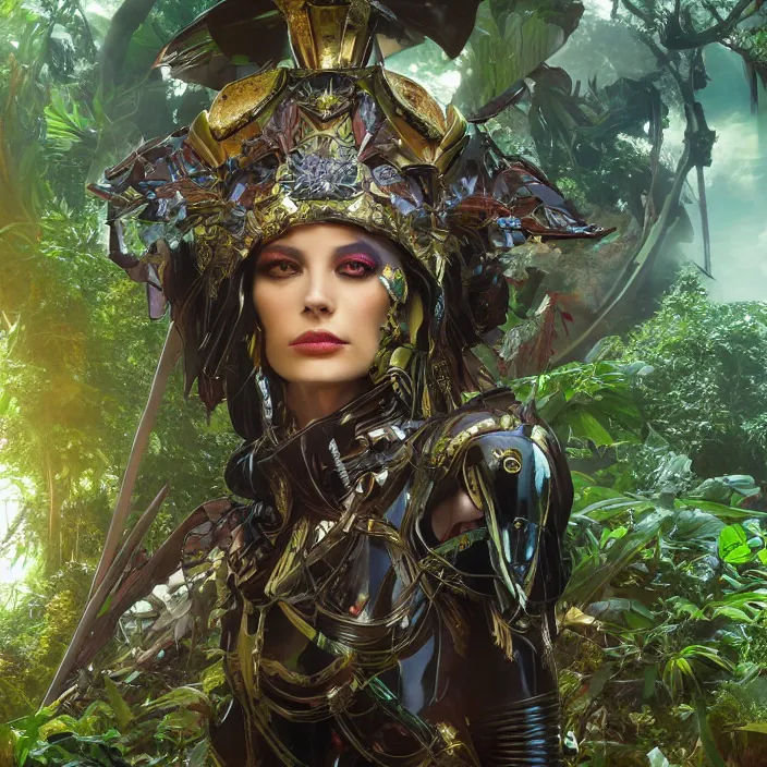 Image similar to mystical evil android queen with obsidian eyes, wearing an elaborate helmet, in a jungle, octane render, 8 k, unreal engine, by todd mcfarlane and artgerm and greg rutkowski and alphonse mucha