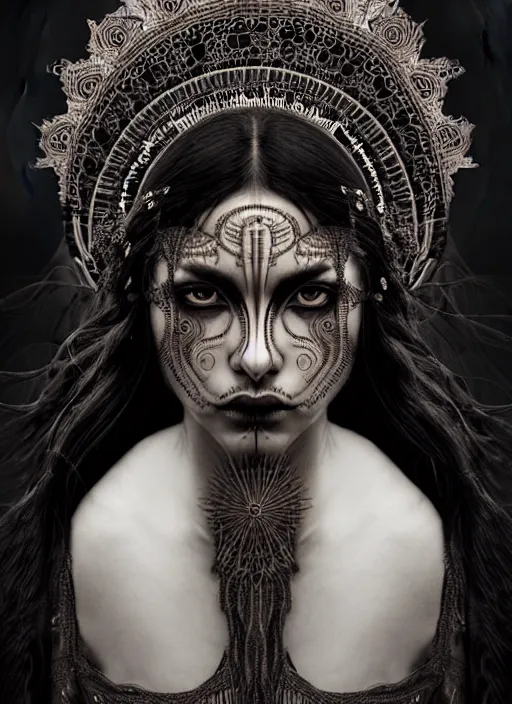 Prompt: a fierce nubile young woman with reflections in her eyes and dark wavy hair, wearing a intricate dark shaman costume, clear skin, elegant, graceful, fashionable, swirling dark energy in background, cinematic, hyperdetailed illustration by irakli nadar and alexandre ferra, intricate linework, depth of field, global illumination,