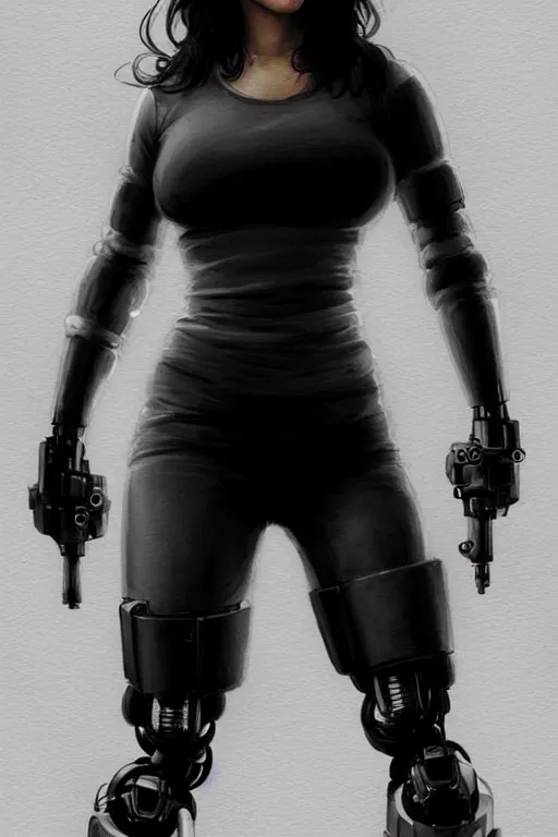 Prompt: gina carano with robotic left arm, casual black clothing, muscular, realistic proportions, casual pose, large portrait, cyberpunk, shadowrun, rpg character, digital painting, artstation, concept art, smooth, 8 k frostbite 3 engine, ultra detailed, art by artgerm and greg rutkowski and magali villeneuve