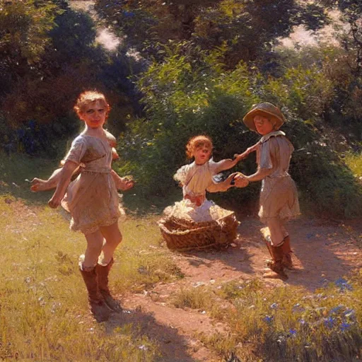 Image similar to detailed wide shot of children playing in the field, spring light, painting by gaston bussiere, craig mullins, j. c. leyendecker