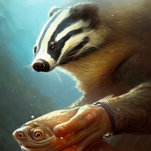 Prompt: a detailed portrait of a badger fish, by justin gerard and greg rutkowski, digital art, realistic painting, dnd, character design, trending on artstation