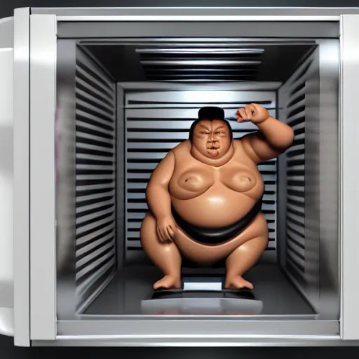 Image similar to 3 d render of a sumo wrestler trapped inside of a microwave